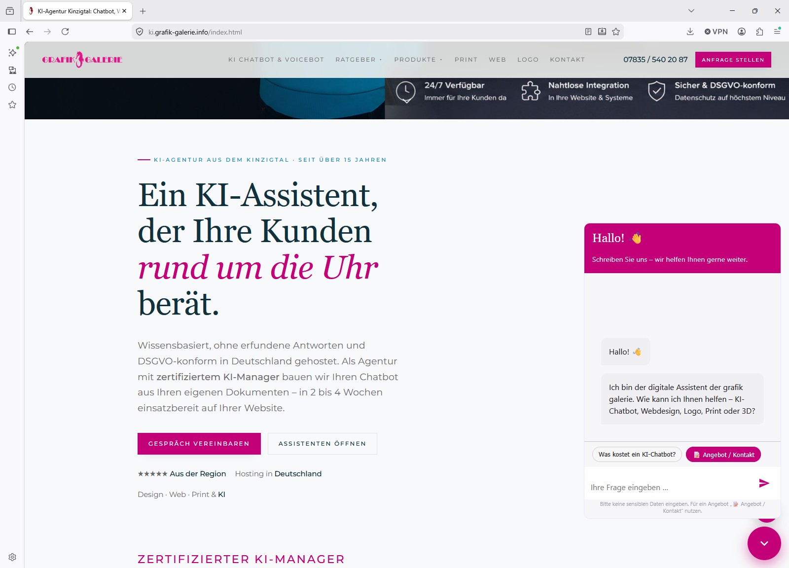 Live-Chatbot auf grafik-galerie.info – der Assistent beantwortet Fragen direkt auf der Seite